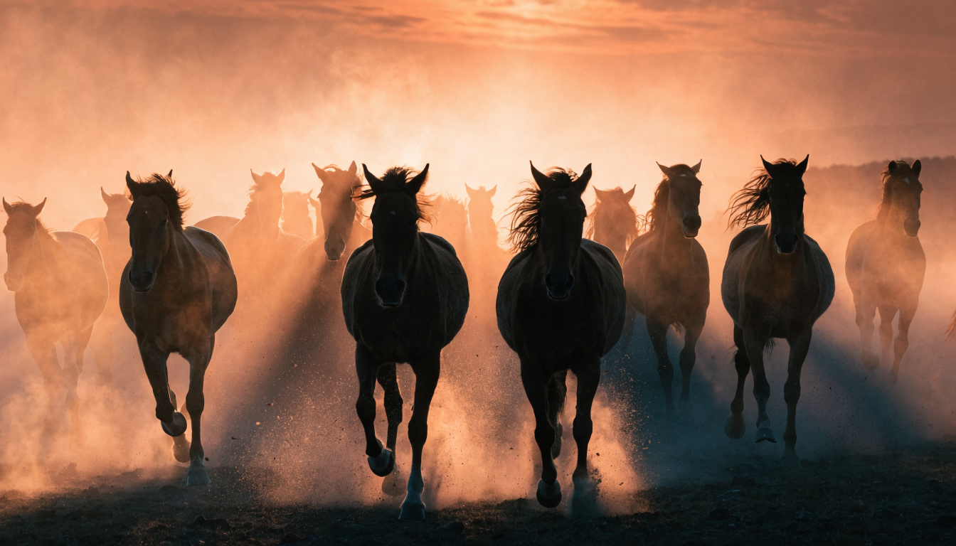 A herd of horses galloping through golden sunset dust